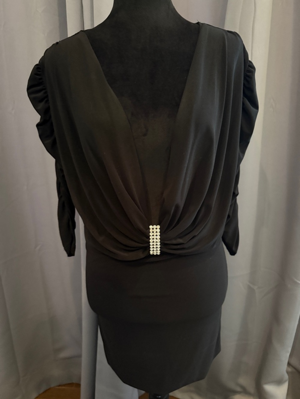 Forplay Lipstick Boutique Black Draped V-Neck Club Dress with Rhinestone Accent